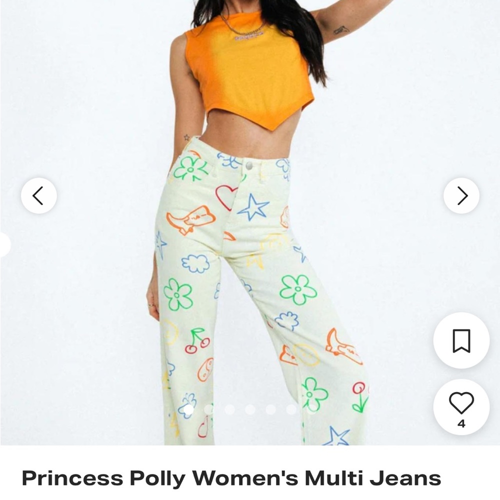 Cream Straight-Leg Jeans with Colorful Icon Print